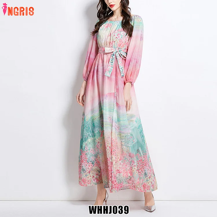 2025 Spring Vintage Turn-down Collar Tunic Casual Midi Dress for Women Lantern Sleeve Empire Printed Lace Dress Black-WHHJ039