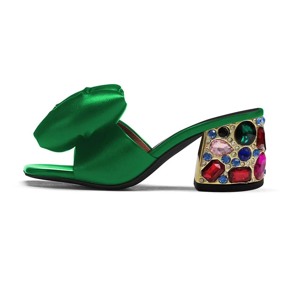 Square Toe Decorative Heel Bow Rhinestone Mules Shoes in Green