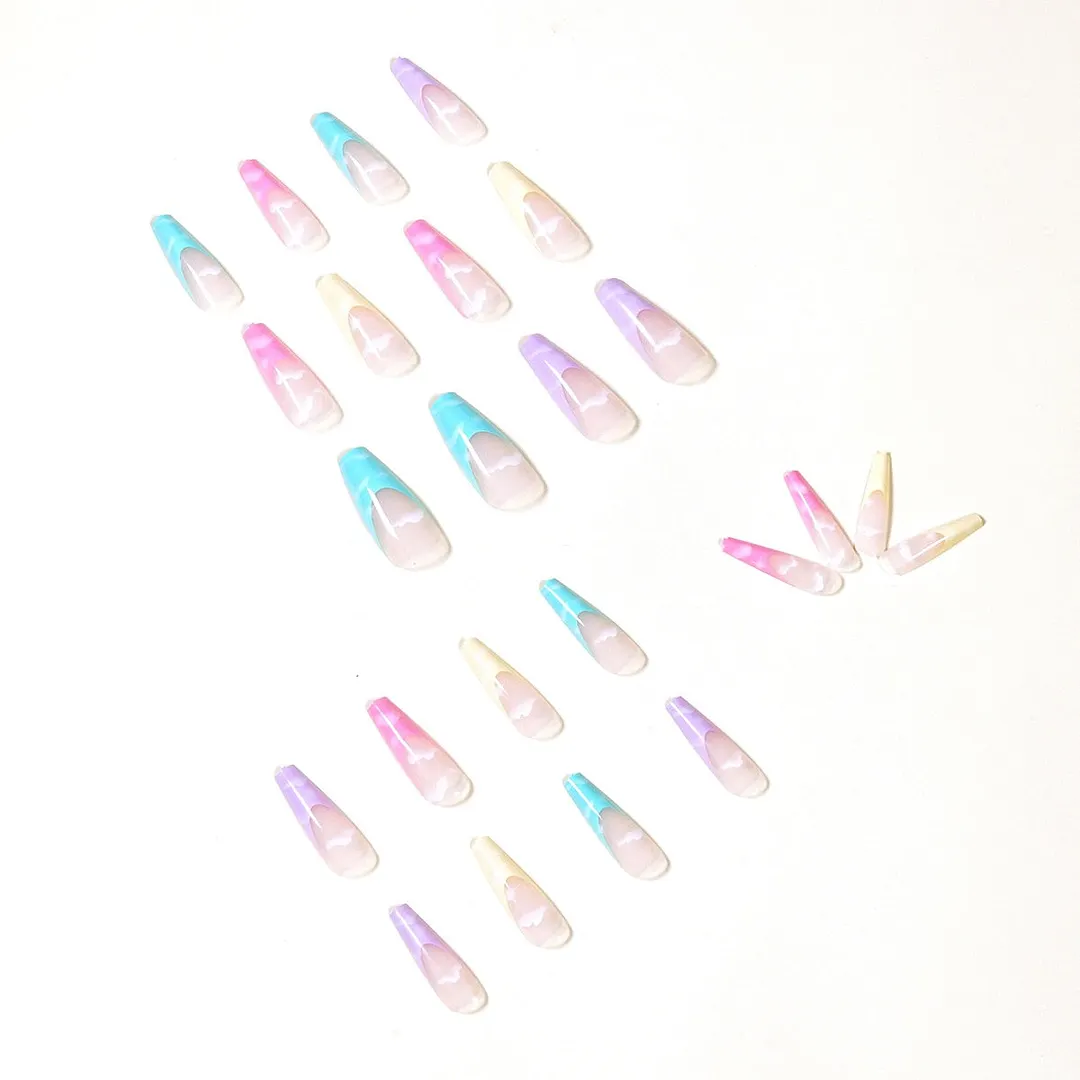 24pcs Rainbow Series French Cotton Clouds Fake Nails Full cover Fake Nails Glue DIY Manicure Nail Art Tools-Nail Inspo