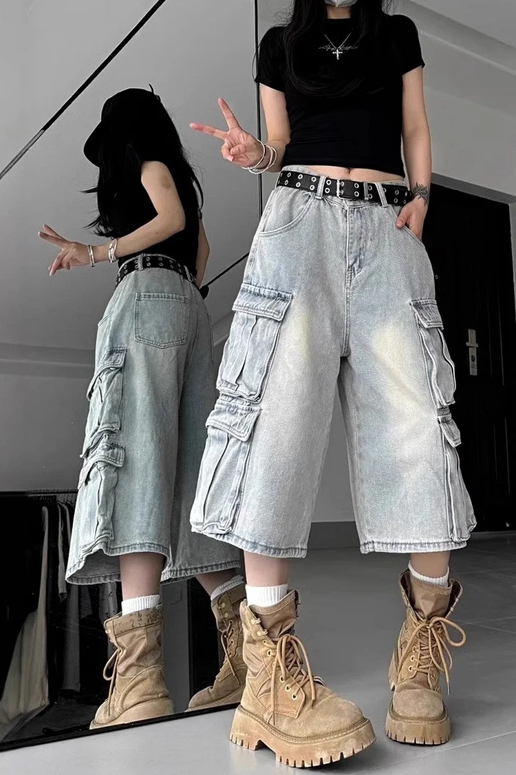 Women's Wide Leg Cargo Pants in Denim with Large Pockets