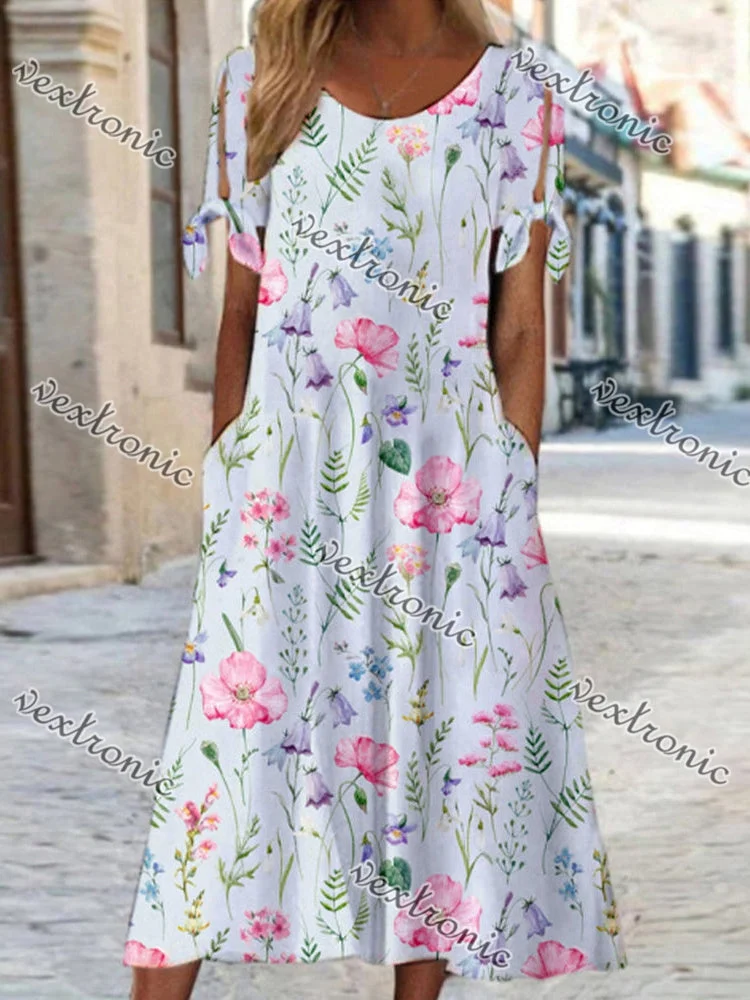 Women's White Scoop Neck Short Sleeve Floral Printed Midi Dress