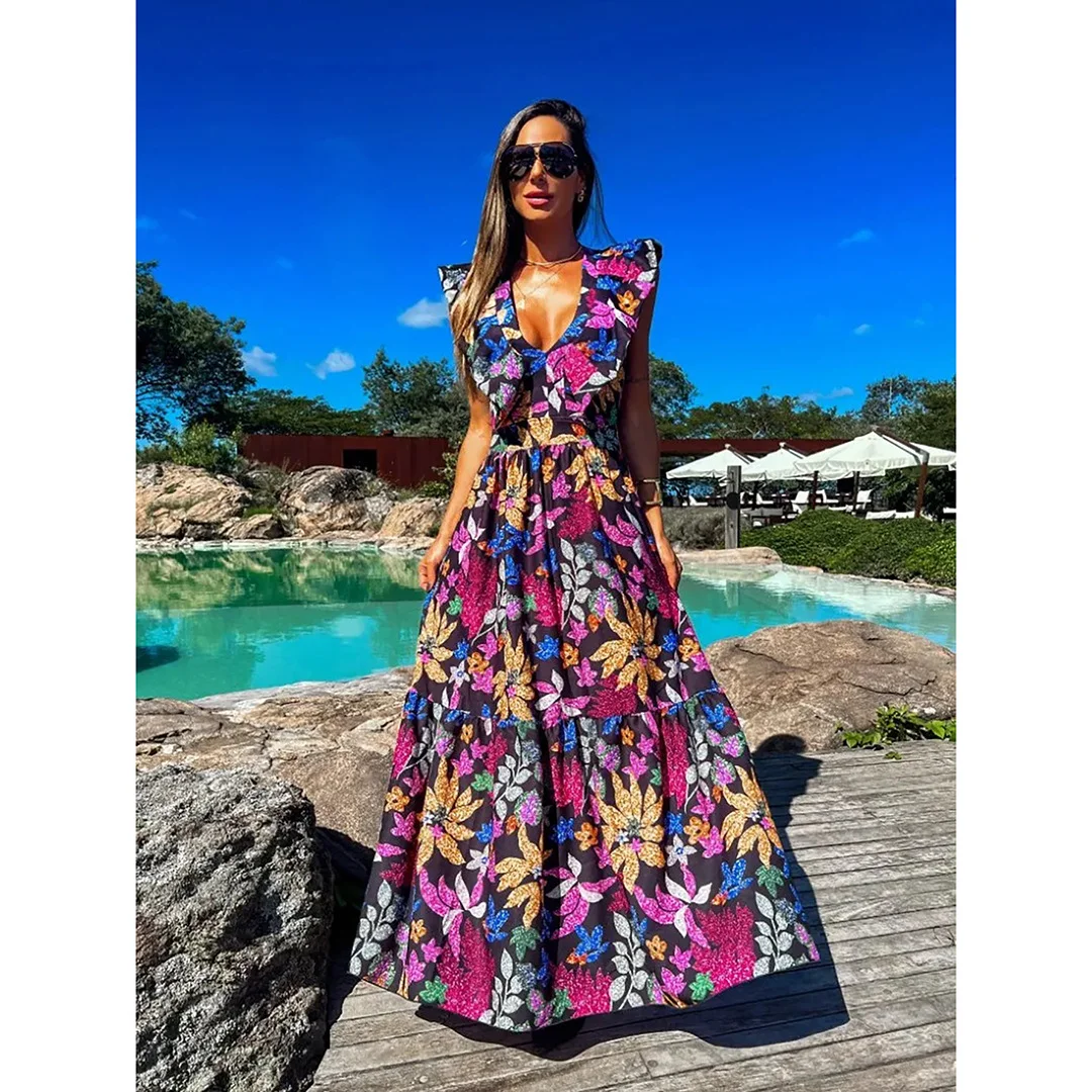 Brownm New-Style Beach Dress Suit Sexy 2025 New Export Summer Resort Wind Seaside