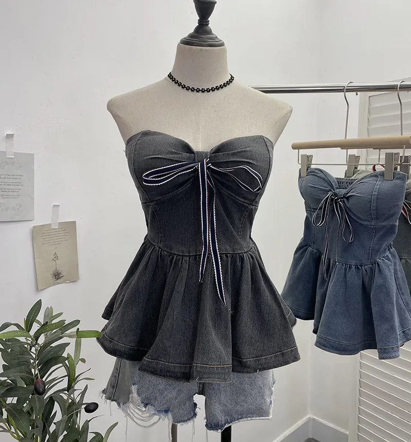 Churchf Real Shot With Chest Cushion Denim Sling Vest With Bow Hanging Neck Short Twiping Boat Blouse Woman 2611