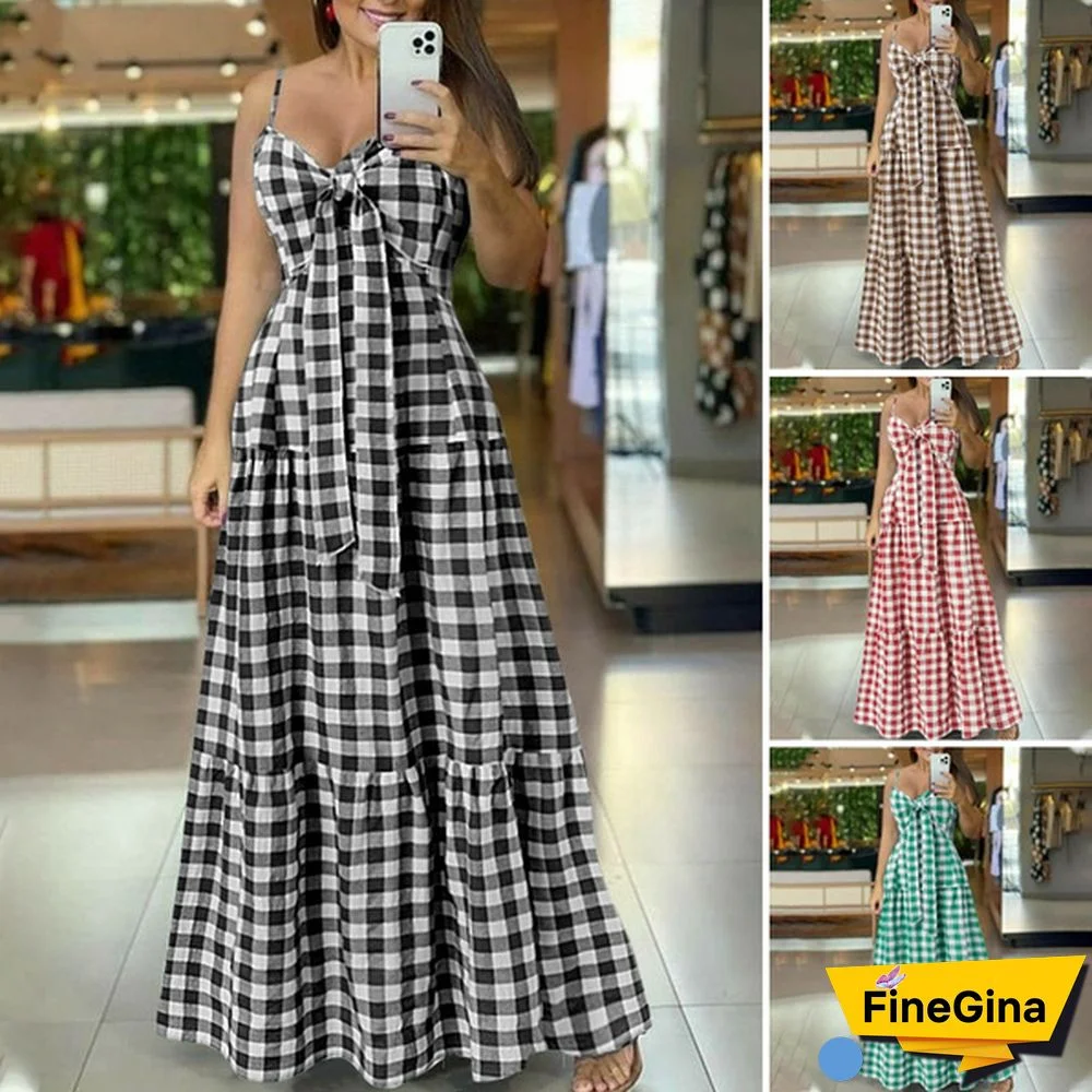 Summer Women Plaid Long Dress Sundress Spaghetti Strap V Neck Bowknot Party Casual Pleated Maxi Dresses Plus Size