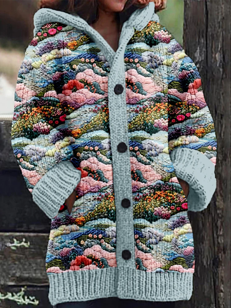 Beauty Embroidered Landscape Pattern Cozy Hooded Cardigan