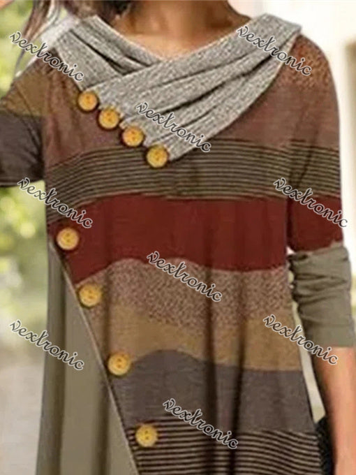 Women's Long Sleeve V-neck Graphic Buttons Midi Dress