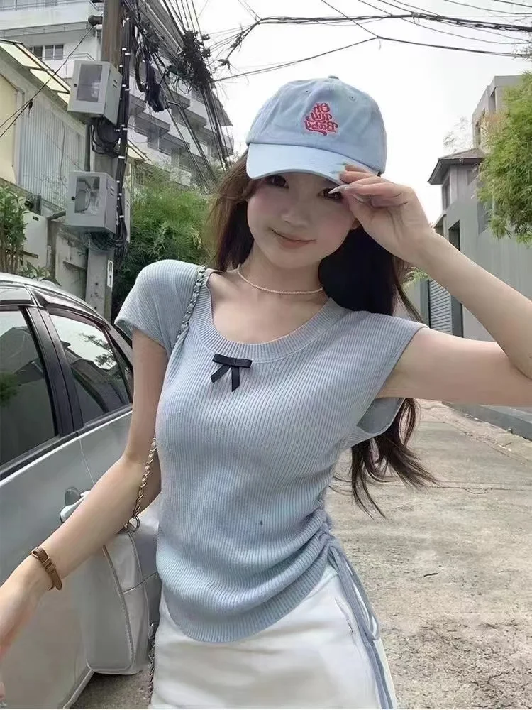 Ueong Round-Neck Short-Sleeved Sweater Women's Summer Korean Sweater Sweet Gentle Sweater Pull Rope Wrinkle Slim Bm Blouse