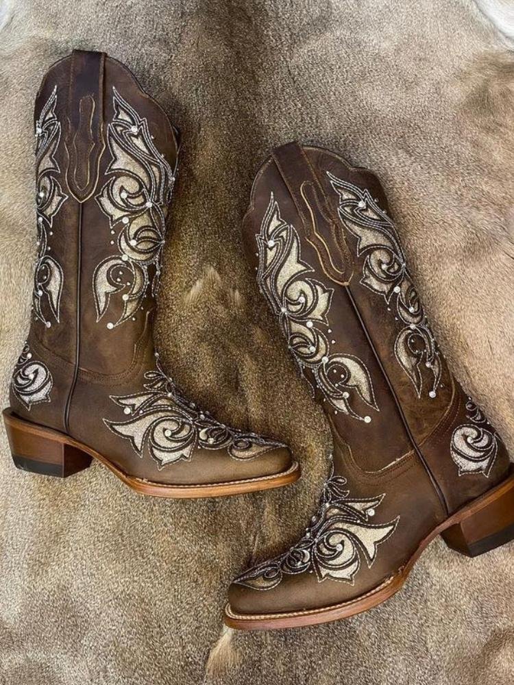 Brown Women Mid Calf Cowboy Boots Rhinestone Square Toe Chunky Heel Western Boots