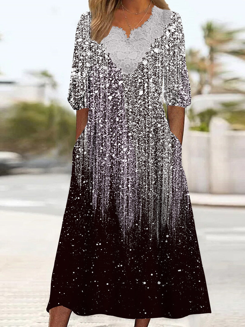 Women's 3/4 Sleeve V-neck Gradient Printed Lace Stitching Midi Dress