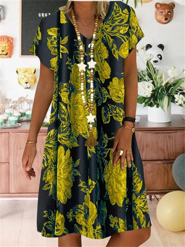 Linen Cotton Casual Floral Printed V-neck Short Sleeve Midi Dress