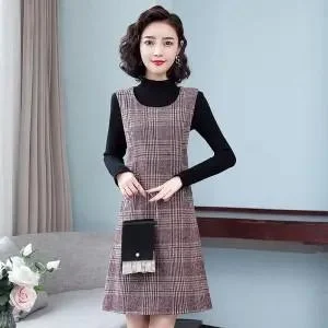 Elegant Sleeveless Woolen Blended Vest Dress High Quality Fashion Pocket New Autumn Winter Office Work Slim Plaid Midi Dresses