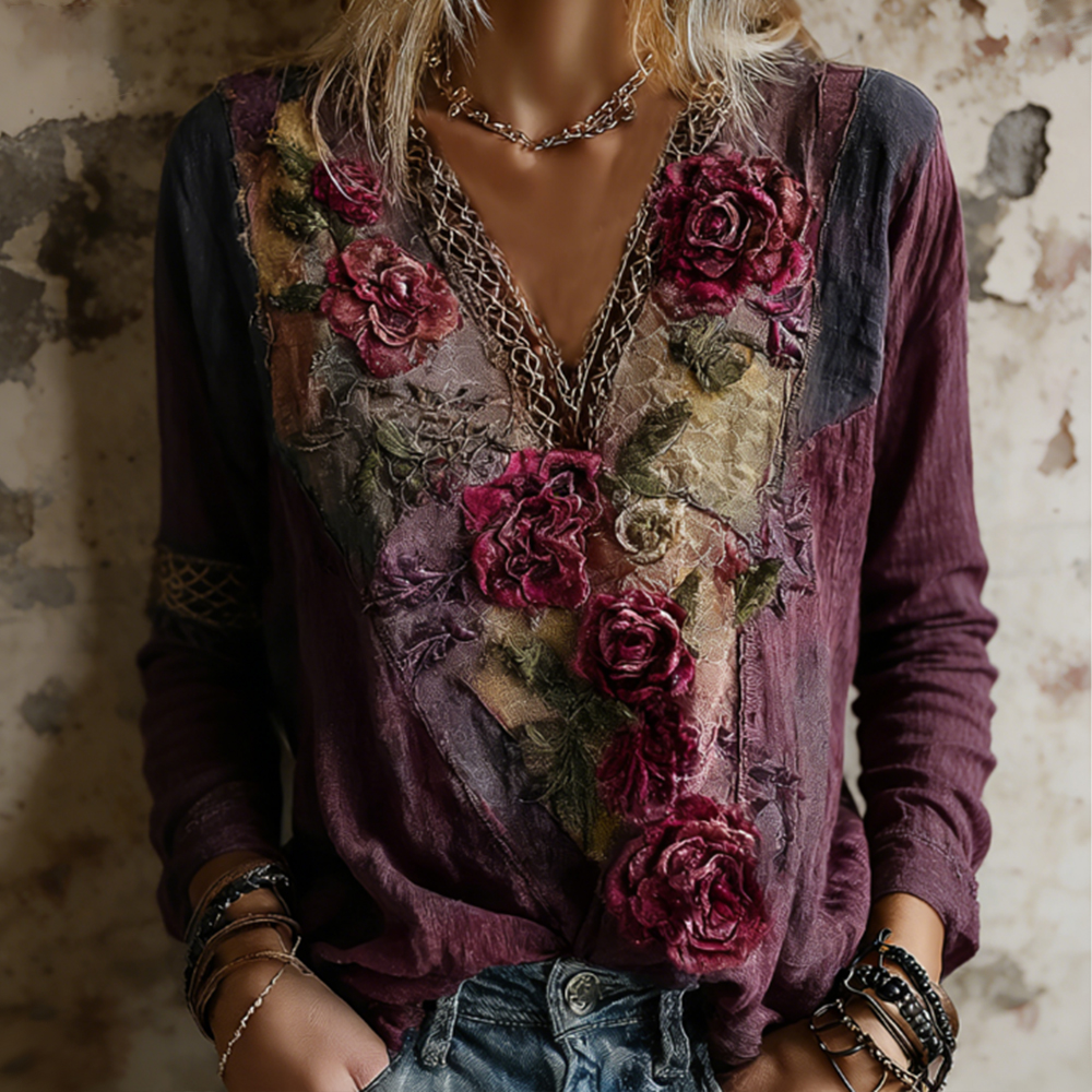 Vintage Faded Rose Woven Embroidery Purple Patchwork Cotton Linen V-neck Long Sleeve elevenforest