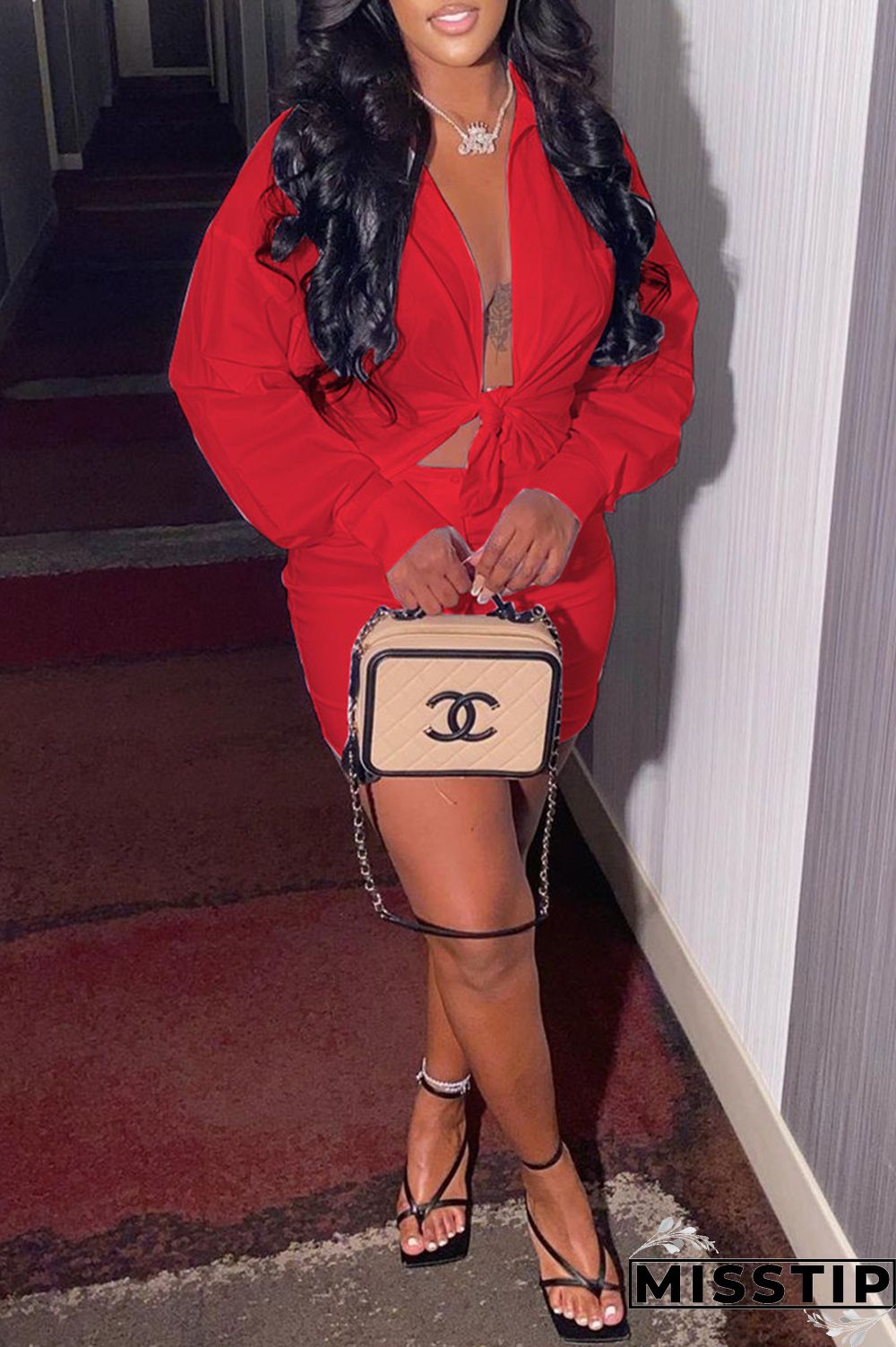 Coffee Fashion Sexy Solid Basic Turndown Collar Long Sleeve Two Pieces