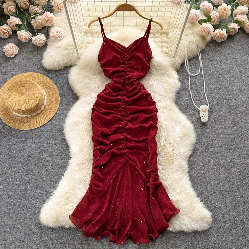 Aiertu  Evening Party Women Mermaid Dress Summer Ruched Backless Sexy Elegant Ladies French Style Solid Long Dresses Aiertu