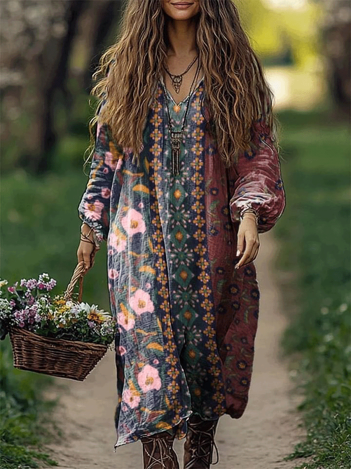 Women's Flowers Patchwork Art Print Loose V Neck Pocket Cotton Dress