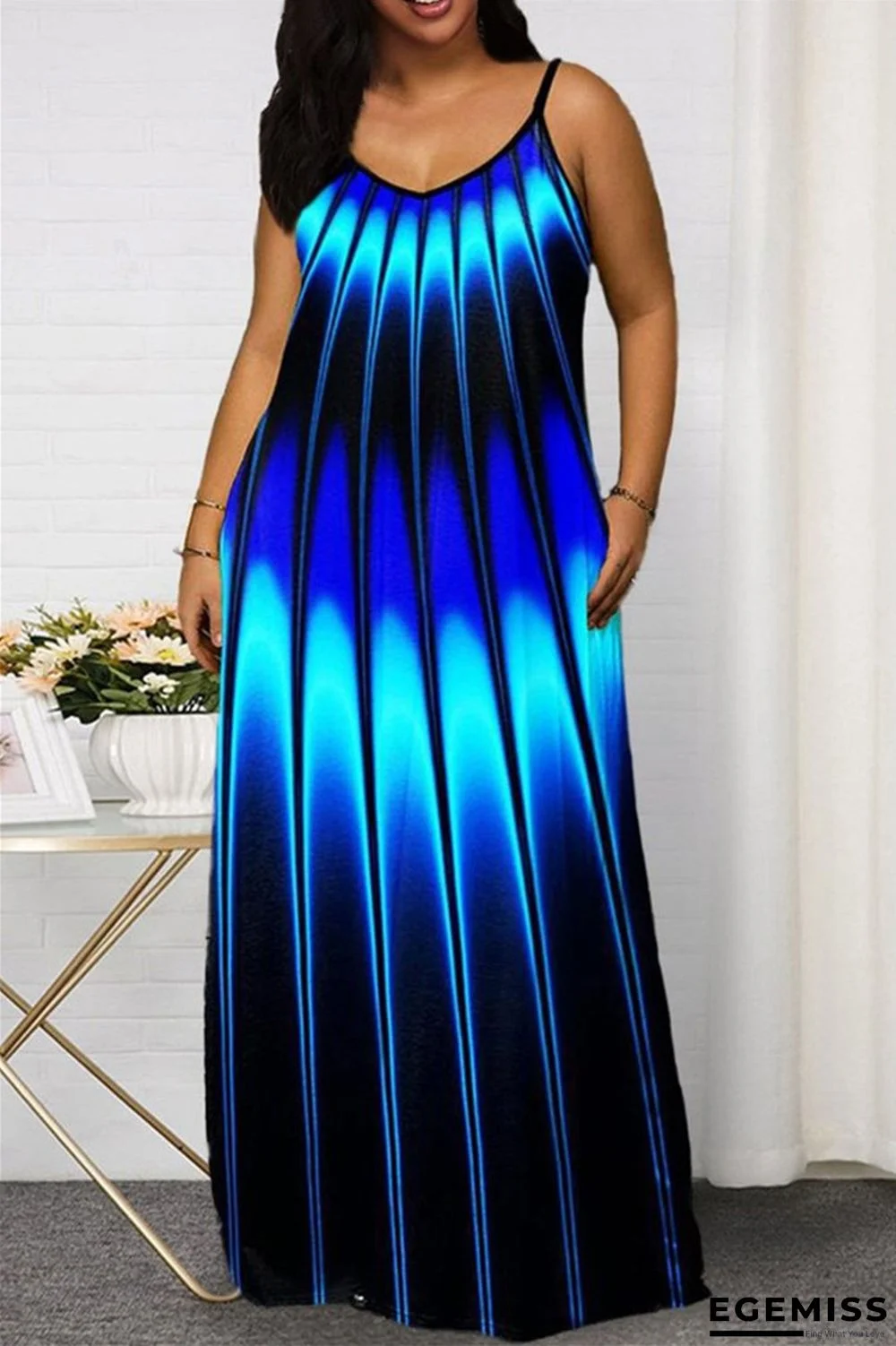 Blue Sexy Casual Plus Size Print Backless V Neck Sling Dress | EGEMISS