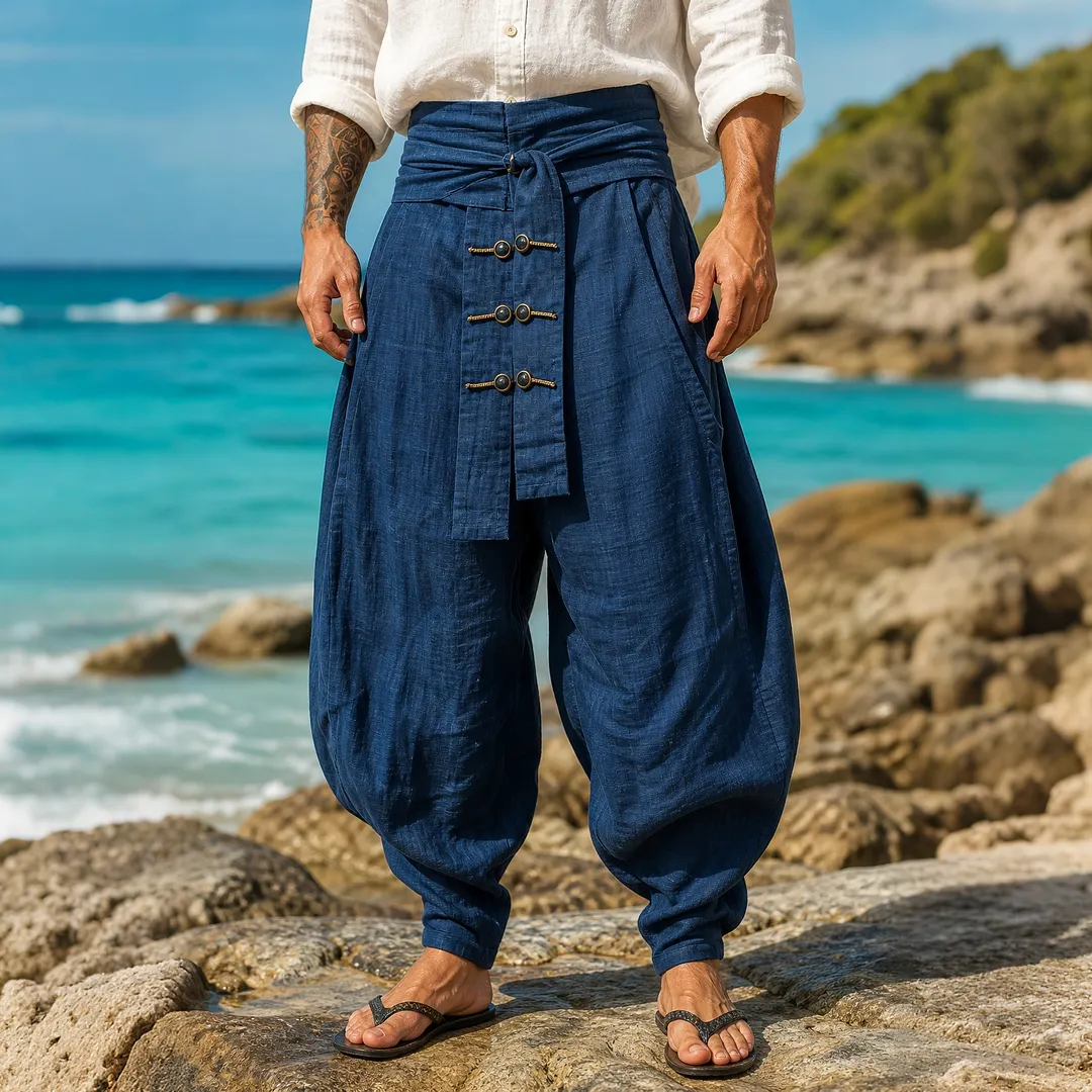 Blue Cotton-Linen Blend Harem Pants With Wrap Waist And Toggle Closure &ndash; Lightweight, Breathable & Boho Style Trousers For Summer-INSPIREUSE