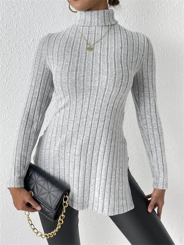 Women's High Neck Pullover Women's Fall and Winter New Open Slim Bottoming Shirt Pit Striped Medium-length Models