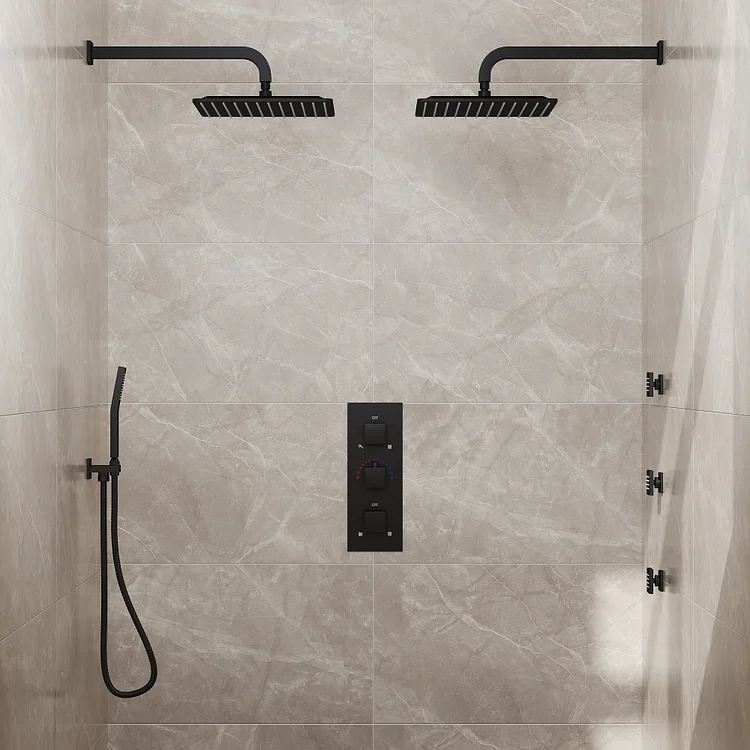 SFS-1068-BK12 Rainfall Shower System - Dual 12" Heads, 3 Body Jets, Handheld Shower, Wall-Mounted