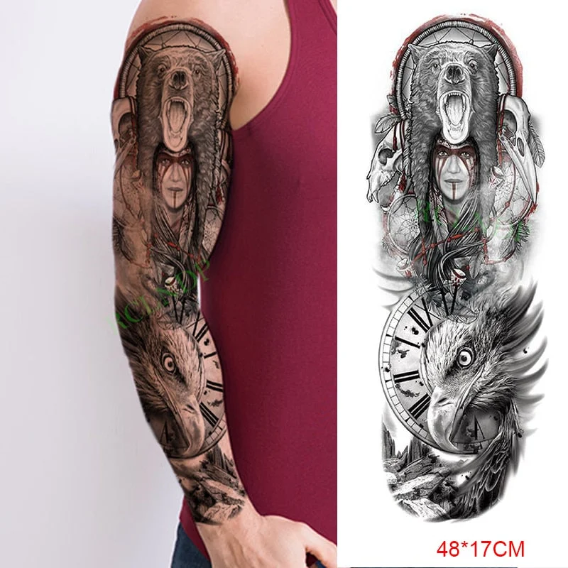 Waterproof Temporary Tattoo Sticker Anubis Ancient Egypt Dog Roma Clock Eye Full Arm Fake Tatto Flash Tatoo Sleeve for Men Women