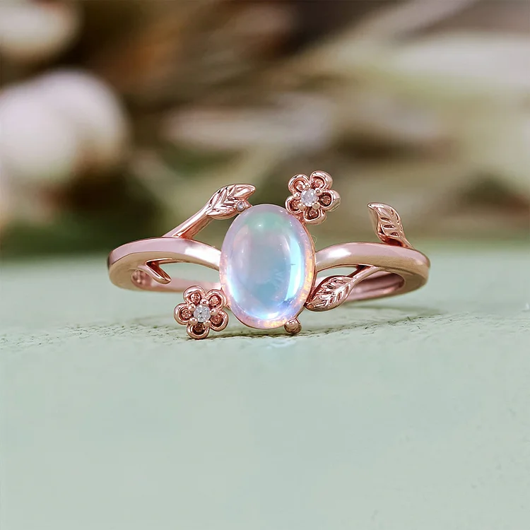 Olivenorma Oval Cut Moonstone Vine Flower Ring