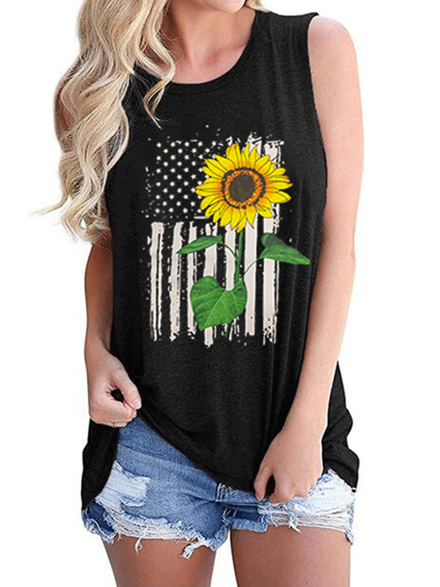 American Flag Sunflower Print Sleeveless T-shirt
