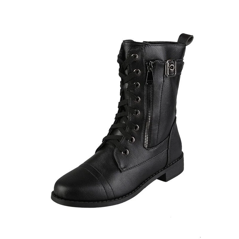 2021 New Women Retro Boots Western Winter Fashion Shoes Punk Lace Up Buckle Motorcycle Zipper Mid Calf Boots Ladies Short Botas