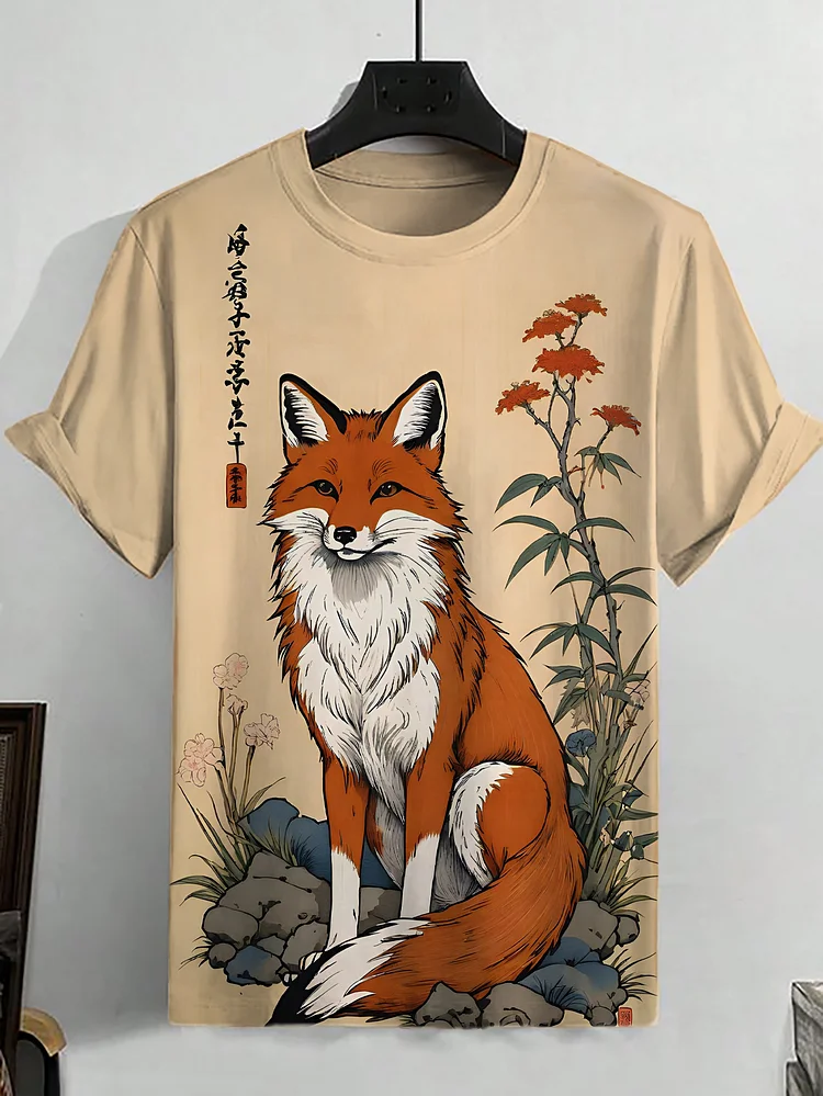 Men's Japanese Art Fox Art Print Casual T-Shirt