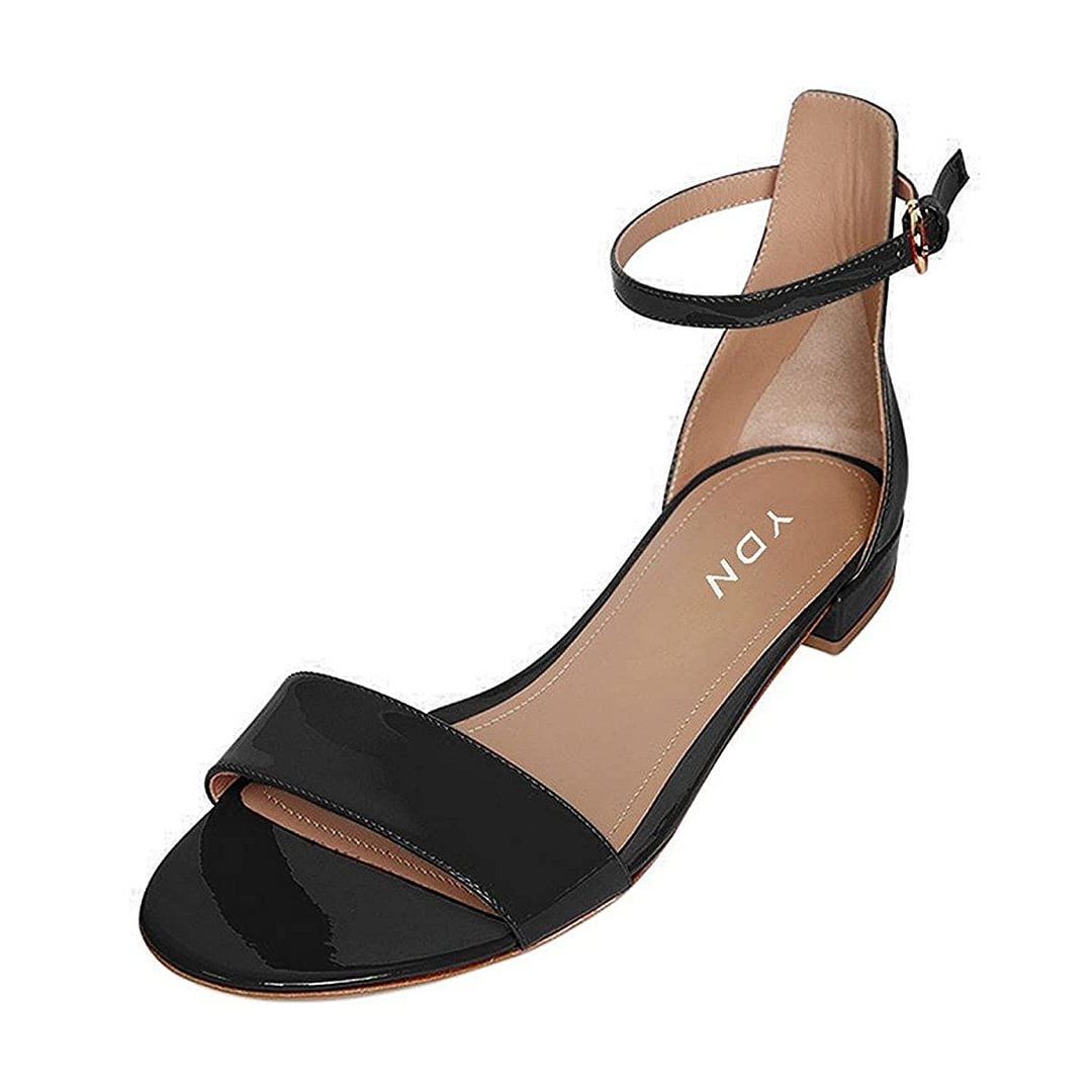 Vegan Leather Round Toe Ankle Strap Summer Sandals in Black