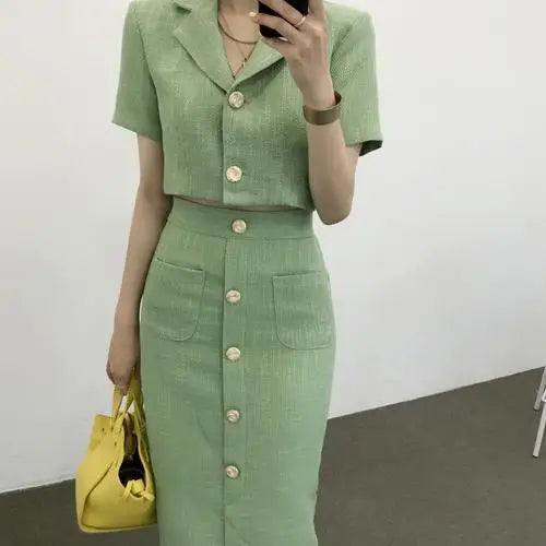 Aiertu Fashion Korea Elegant Lapel Thin Tweed Small Suit Short Jacket + High Waist Chic Button Slim Women Two Piece Skirt Sets Summer Aiertu