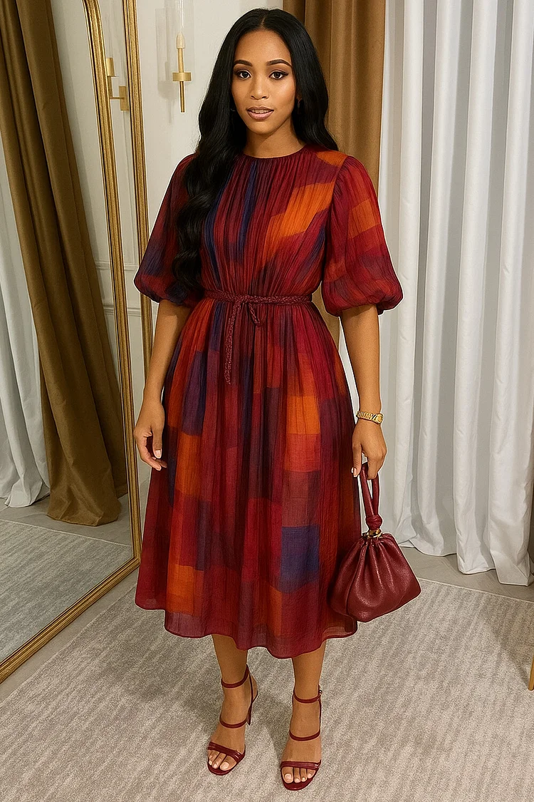 Plaid Pattern Puff Short Sleeve Knotted Midi Dresses-Burgundy [Pre Order]