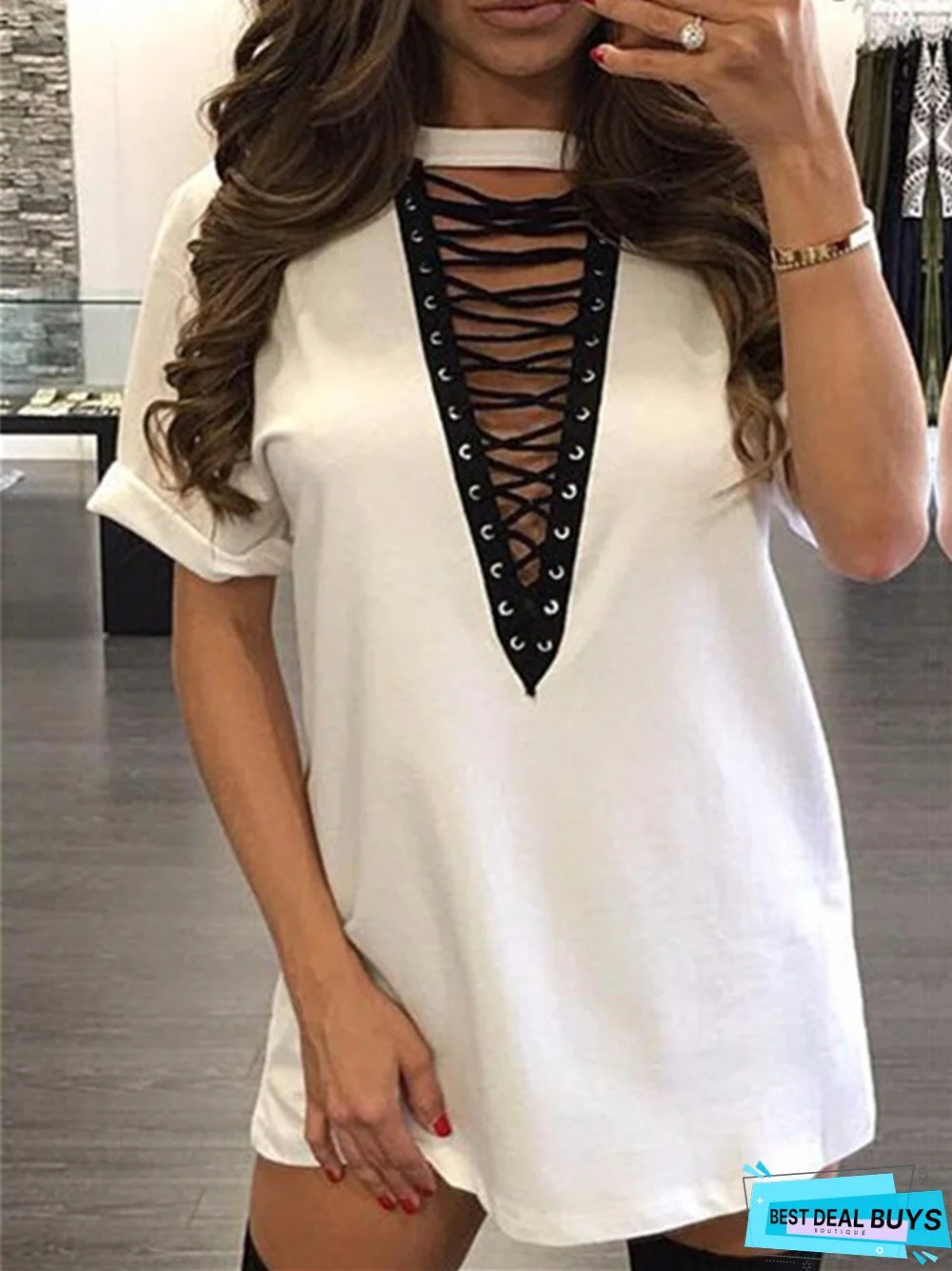 Sexy V-Neck Short Sleeve Dress Short Skirt T-Shirt Skirt