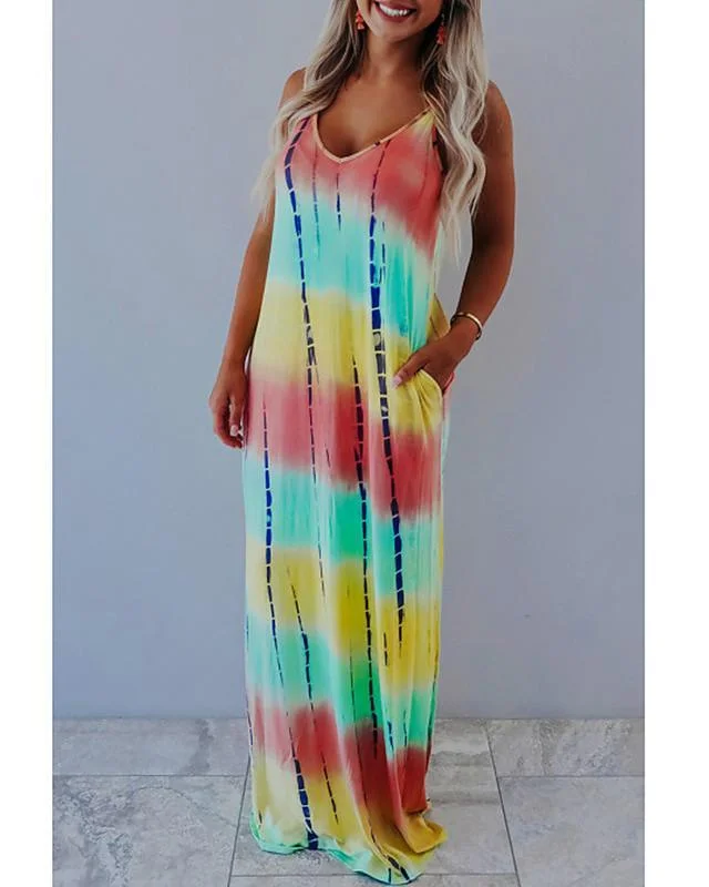 Women's Sundress Maxi Long Dress Sleeveless Print Fall Winter Casual Rainbow