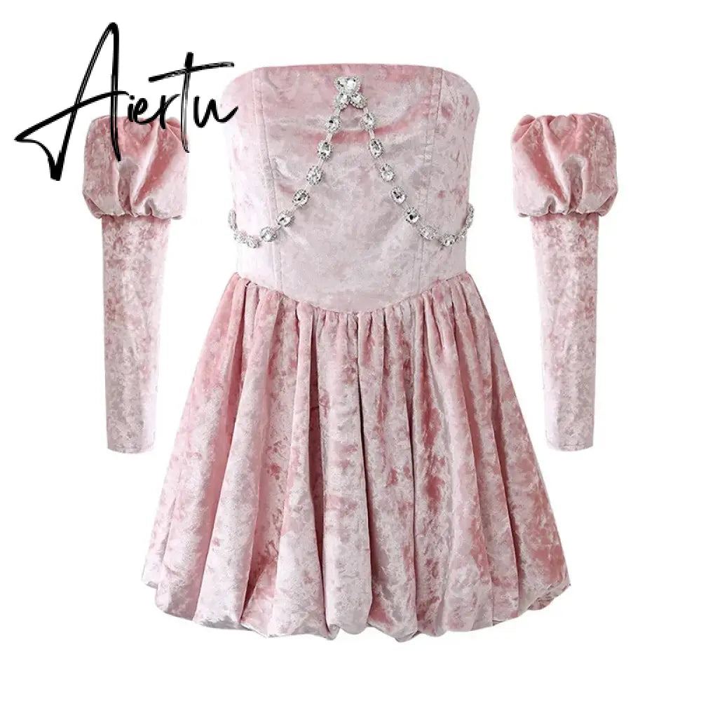 Aiertu  Medieval Retro Arm Sleeves Velvet Mini Dress Women Princess Pink Rhinestone Puffy Dress Cocktail Party One-piece Dress Aiertu