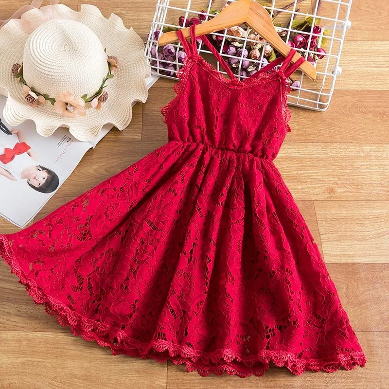 Girls Lace Dresses For Kids Flower Embroidery Sling Backless Tutu Elegant Party Princess Sundress Children Solid Red Costume