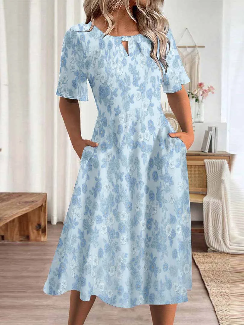 Women Floral,Blue DZHA8214 Short Sleeve Scoop Neck Graphic Printed Hollow Midi Dress