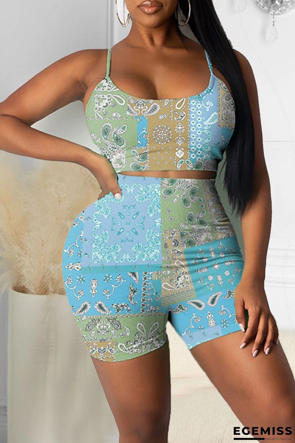 Sky Blue Casual Print Patchwork Spaghetti Strap Two Pieces | EGEMISS