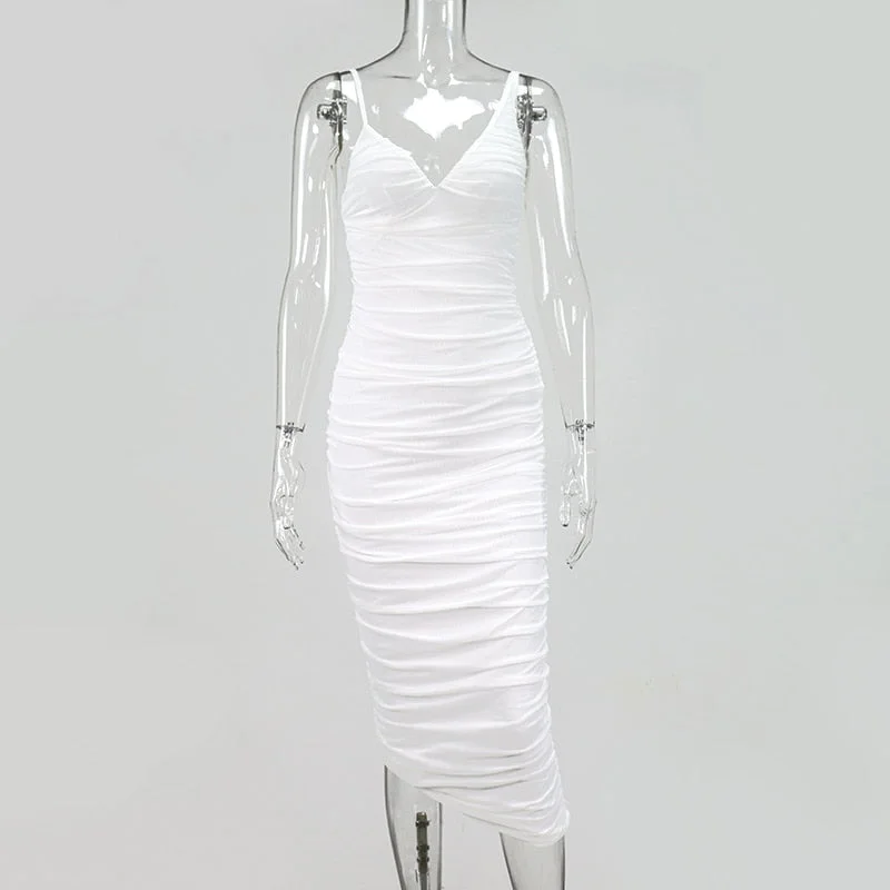 Sexy White Bodycon Dress Backless Chic Mesh Spaghetti Straps Midi Dresses 2021 Summer Sleeveless V Neck Elegant Long Party Dress