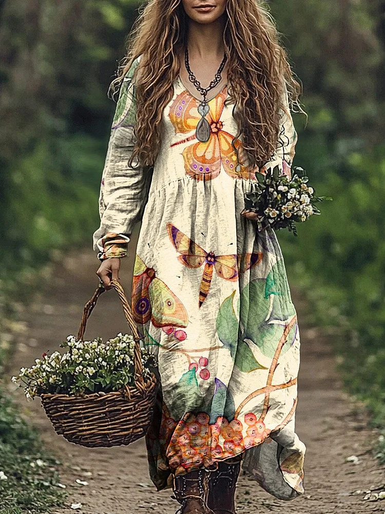 Women's Vintage Flower Print Pocket Cotton Dress