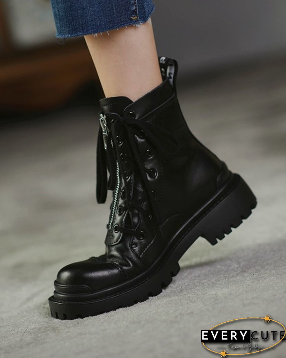Color Patchwork Round-toe Lace-up Boots