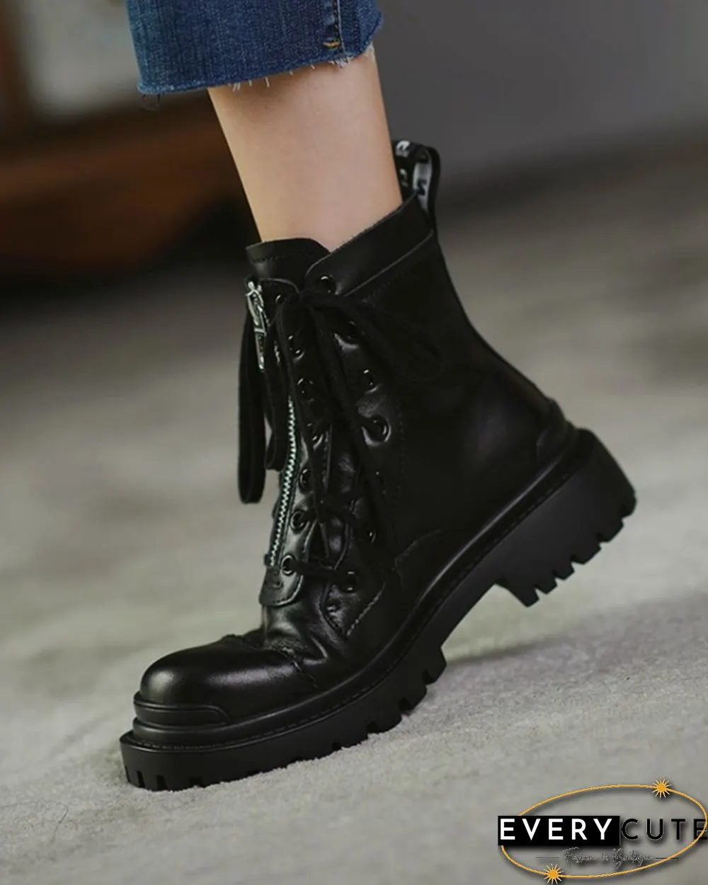 Color Patchwork Round-toe Lace-up Boots
