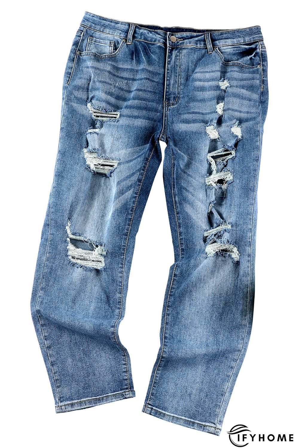 Blue Plus Size Distressed Slit Vintage Jeans | IFYHOME