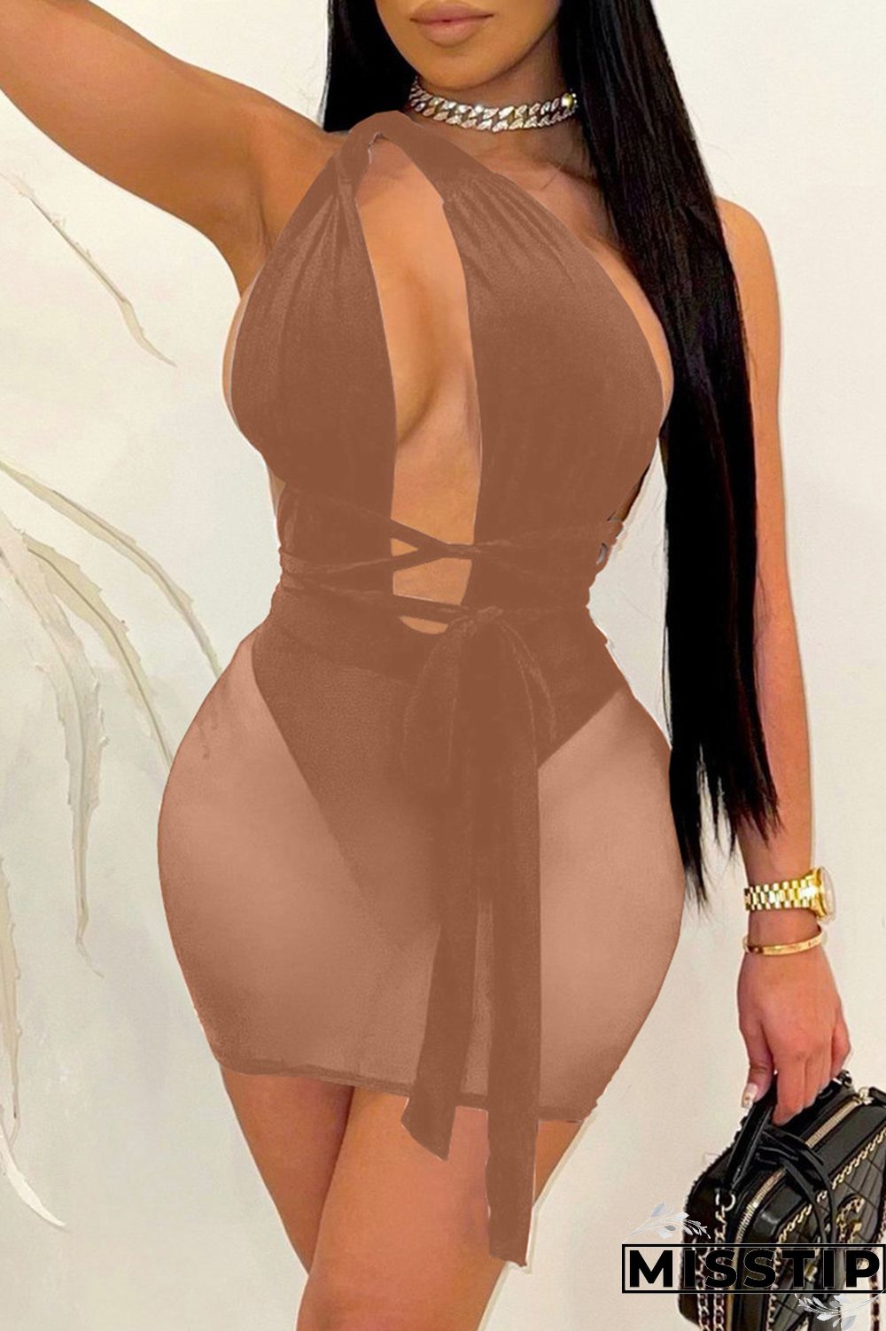Khaki Fashion Sexy Patchwork Bandage Hollowed Out Backless One Shoulder Sleeveless Dress