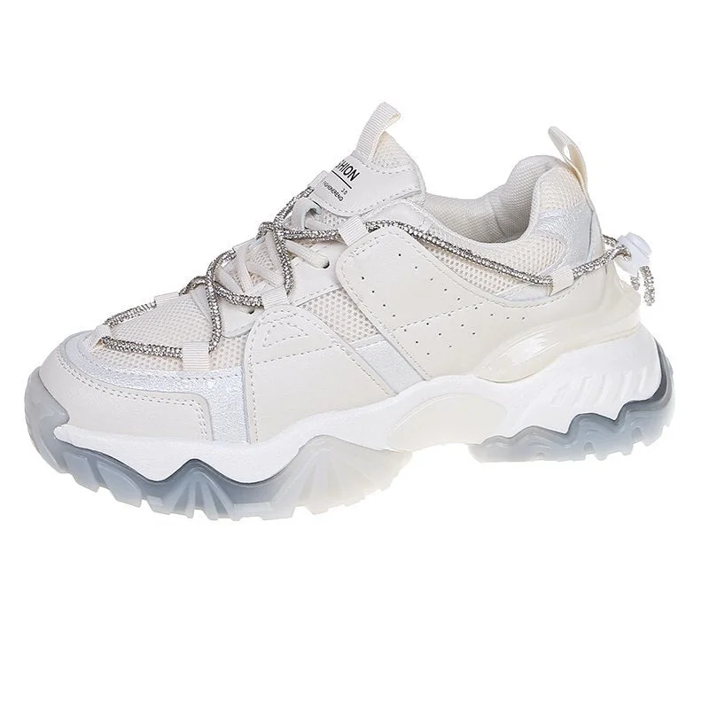 Fashion Mesh Chunky Sneakers Casual Shoes Women Sneakers Comfortable Thick Sole White Flats Platform Sneakers Round Toe Lace Up