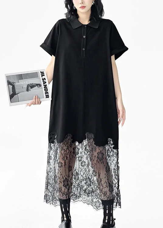 Chic Black Peter Pan Collar Lace Patchwork Cotton Dresses Summer