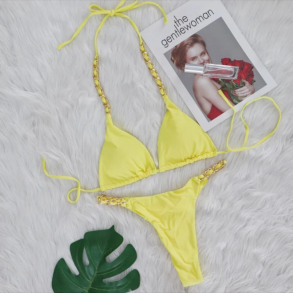 Uveng Uveng New Sexy Thong Bikini Metal Chain Rope Swimsuit Split Band Solid Color Women's Swimsuit