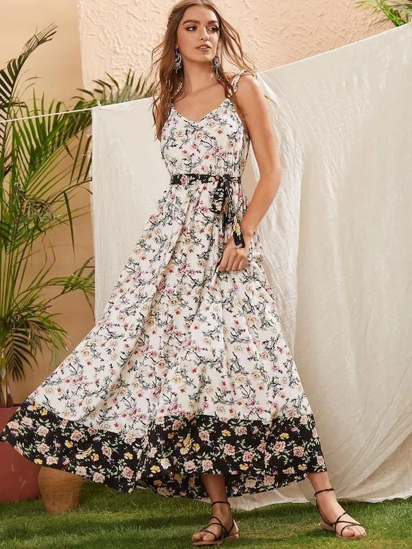 Floral Print Contrast Hem Belted Cami Dress