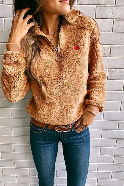 Lapel Zipper Love Embroidered Fur Sweater - Shop Trendy Women's Clothing | LoverChic