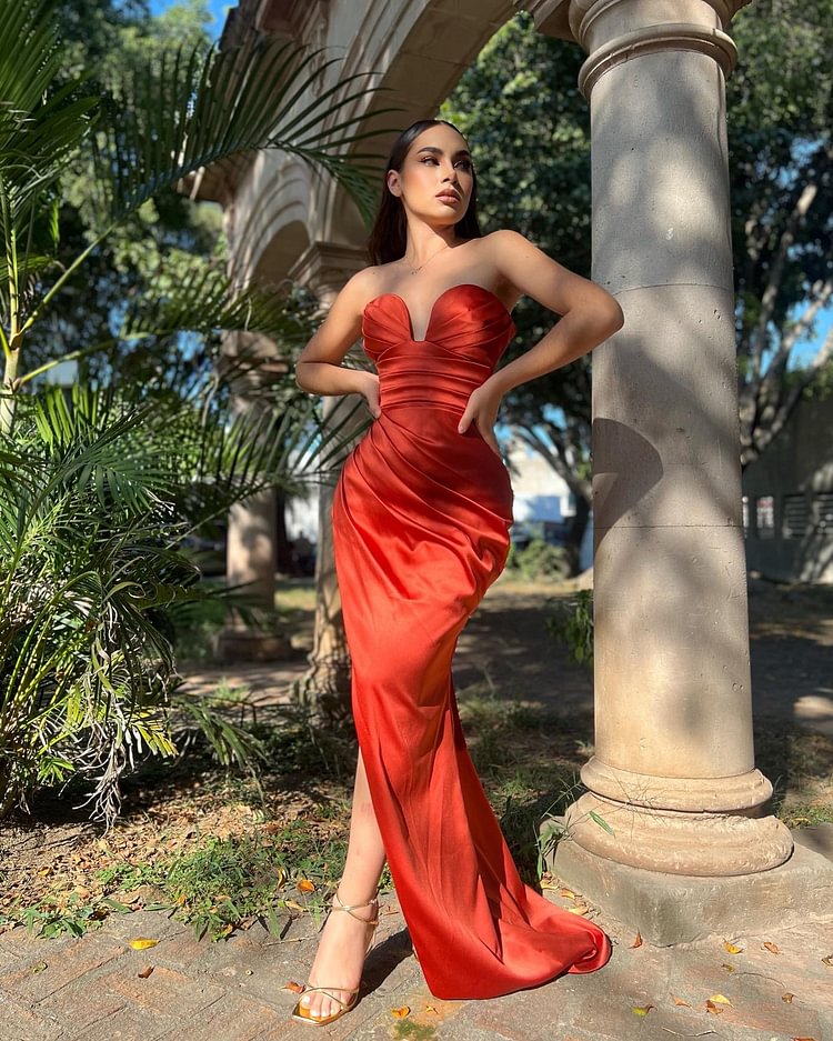 Hellodresses Fashion Sweetheart Sleeveless Split Evening Dress With Pleated 