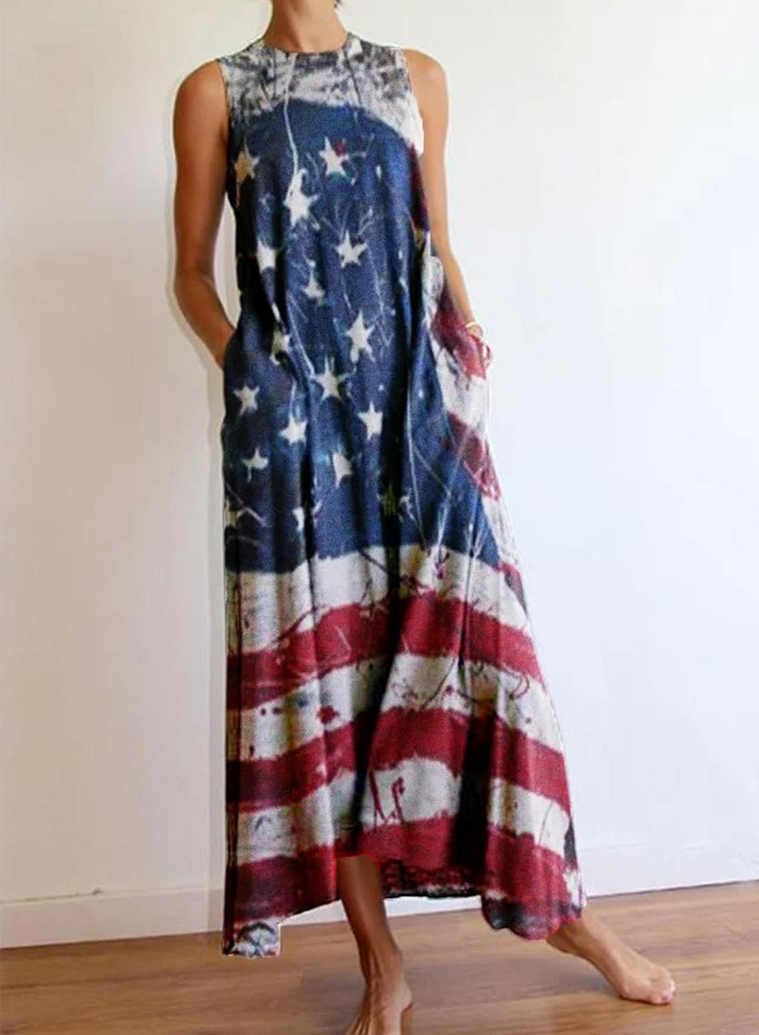 Women's Maxi Dresses American Flag Pockets Dress 4th of July-Allyzone-Allyzone